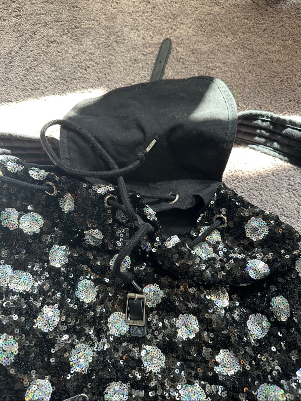 PINK Victoria's Secret Black Sequin Floral Drawstring Backpack - Picture 5 of 9